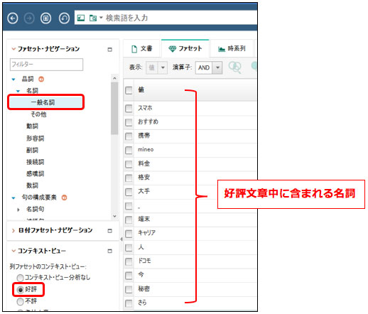 好評文章中に含まれる名詞を抽出